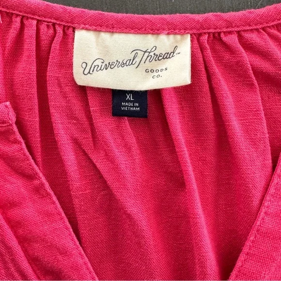 Universal Thread Pink Linen Flowy Short Sleeve A-Line Short Dress V-Neck Pocket - Picture 3 of 12